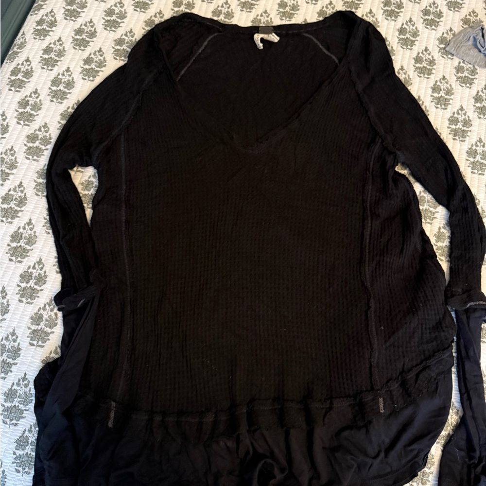 We The Free Free People Black Waffle Knit Top
